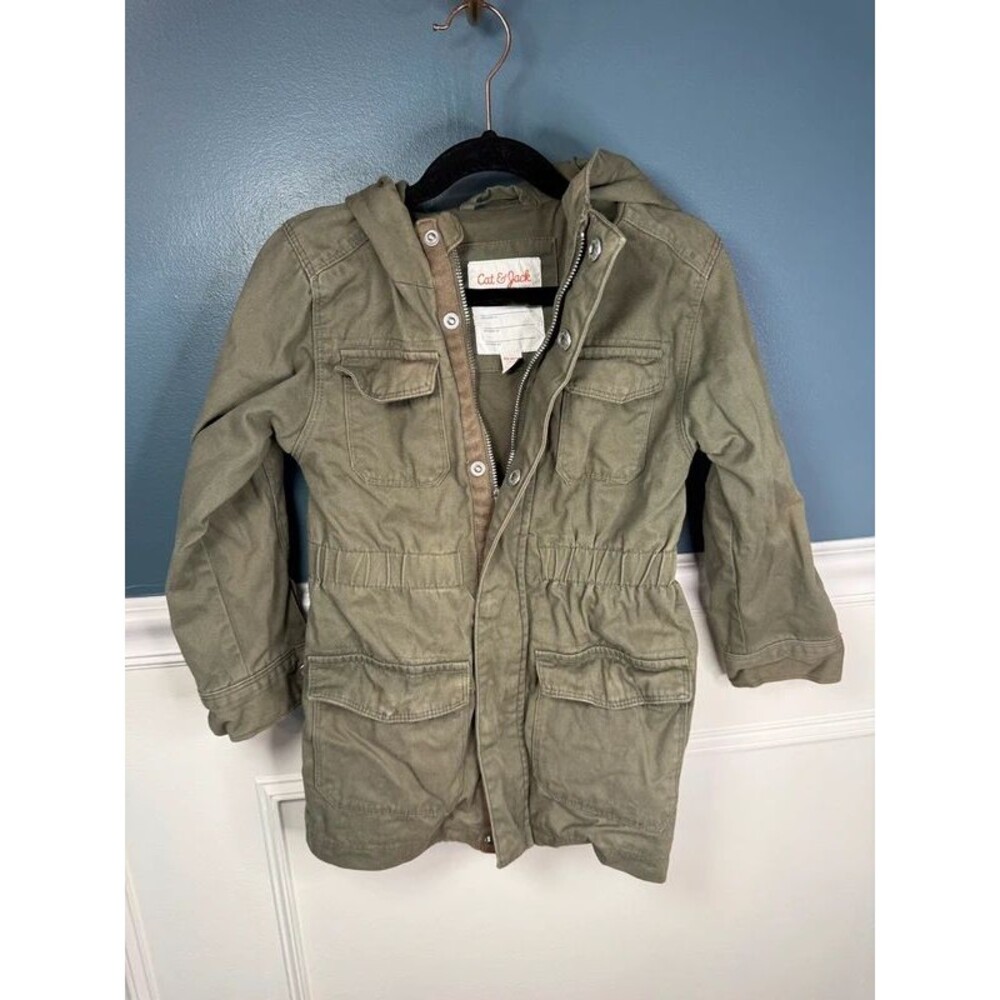 Cat & Jack Girls Olive Green Hooded Utility Cargo Jacket XS 4/5